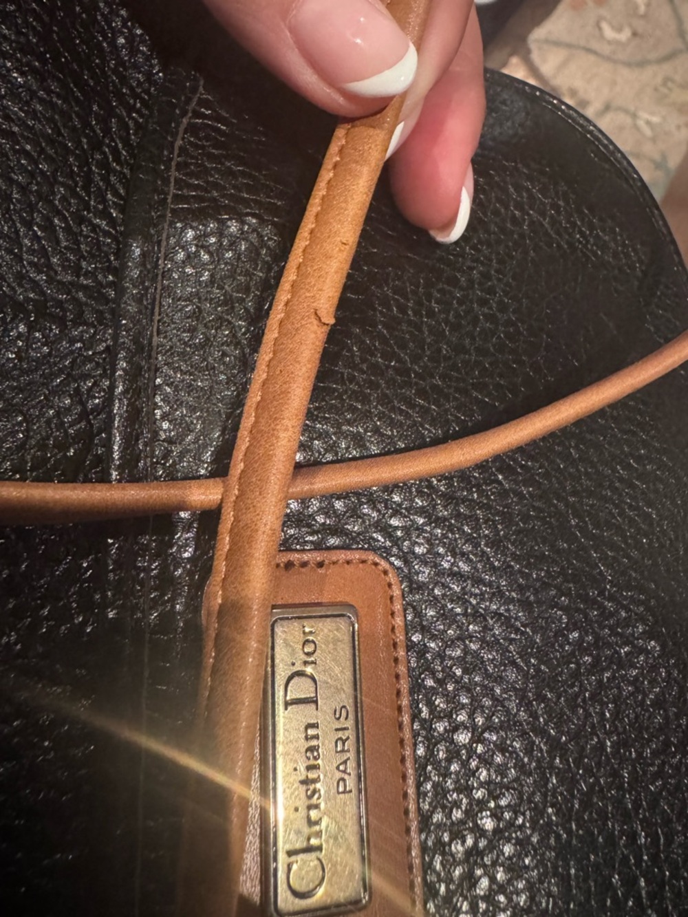 Vintage Christian Dior Black Leather Shoulder Bag with Tan Trim - Picture 2 of 6